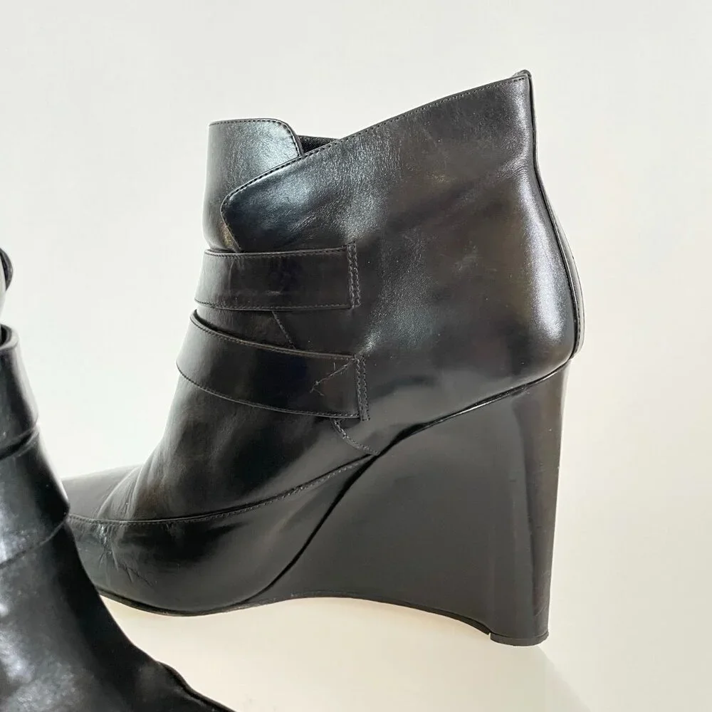 Minimalist | Derek Lam Black Leather Ankle Boot Wedge | Pointy Toe | Gold Buckle
